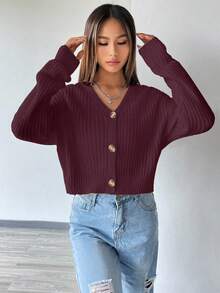 Flirla Fashionable Solid Color Drop Shoulder Long Sleeve Ribbed Cropped Cardigan