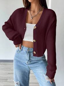 Flirla Fashionable Solid Color Drop Shoulder Long Sleeve Ribbed Cropped Cardigan