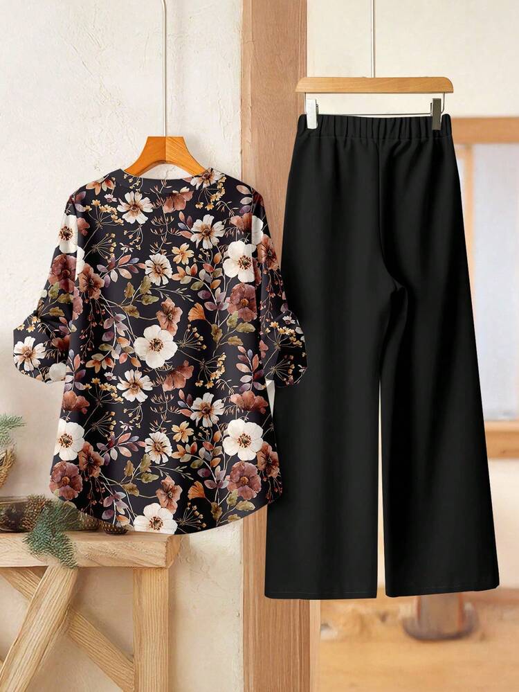 2pcs Women Elegant Commuter Floral Print Shirt And Pants Set