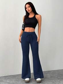 SHEIN PETITE Pantalones de chándal de mujer de cintura elástica gris con vuelo, de estilo casual
