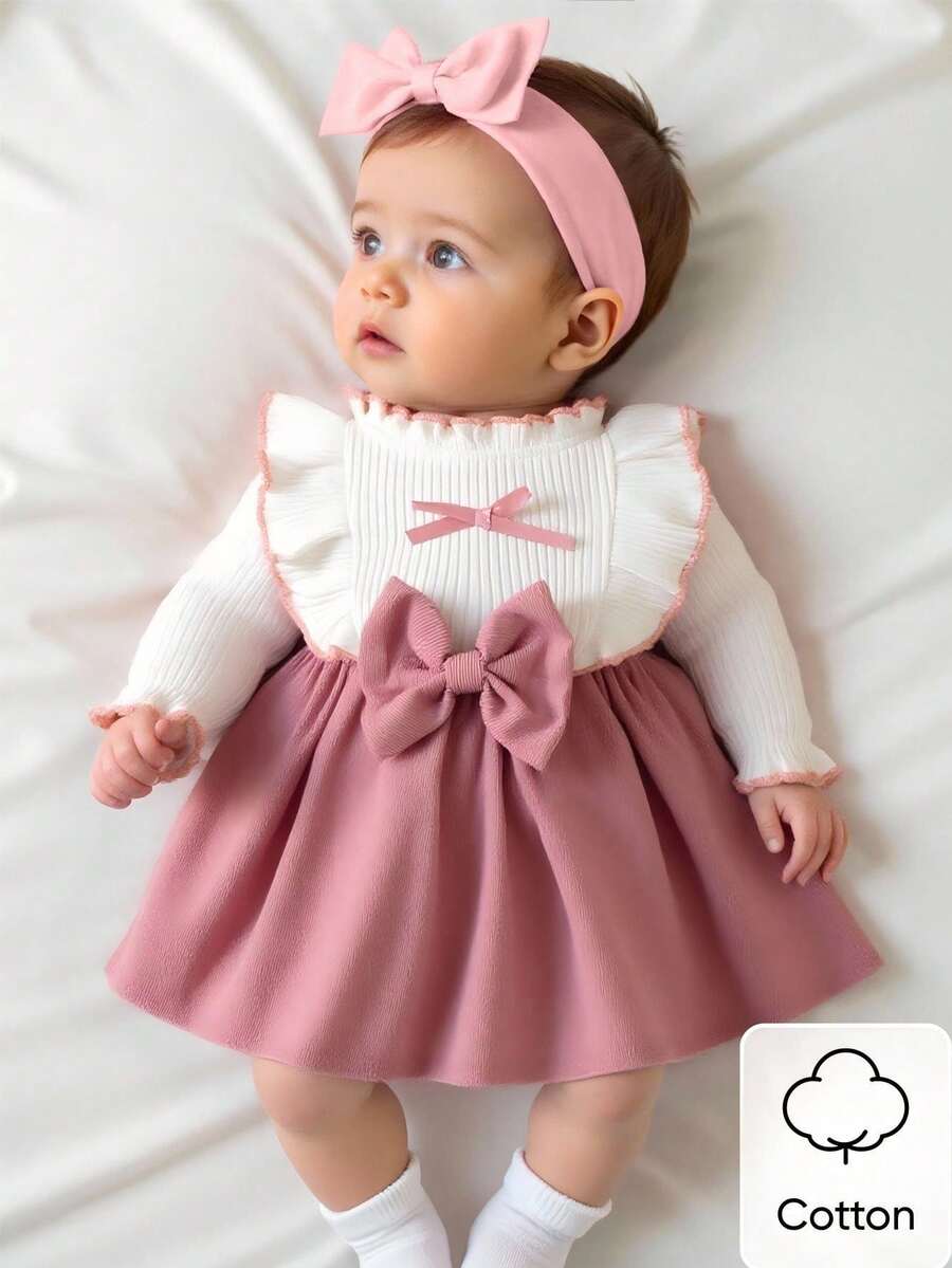 Abito da neonata con colletto in pizzo bianco, patchwork rosa, fiocco, elegante e retrò, morbido e confortevole, adatto per l'autunno e l'inverno