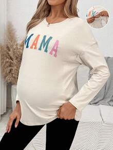 SHEIN Mama Letter Print Knitted Nursing Top Beige Three Quarter Sleeve Round Neck Casual Wear