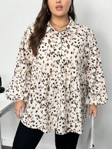 SHEIN CURVE+ 大码女士休闲灯笼袖印花衬衫，适合春秋冬/秋冬 - 彩色 - 查看 3