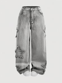 SHEIN MOD Plus Size Grey Pentagram Patch Casual Fashion Straight Leg Jeans/Winter