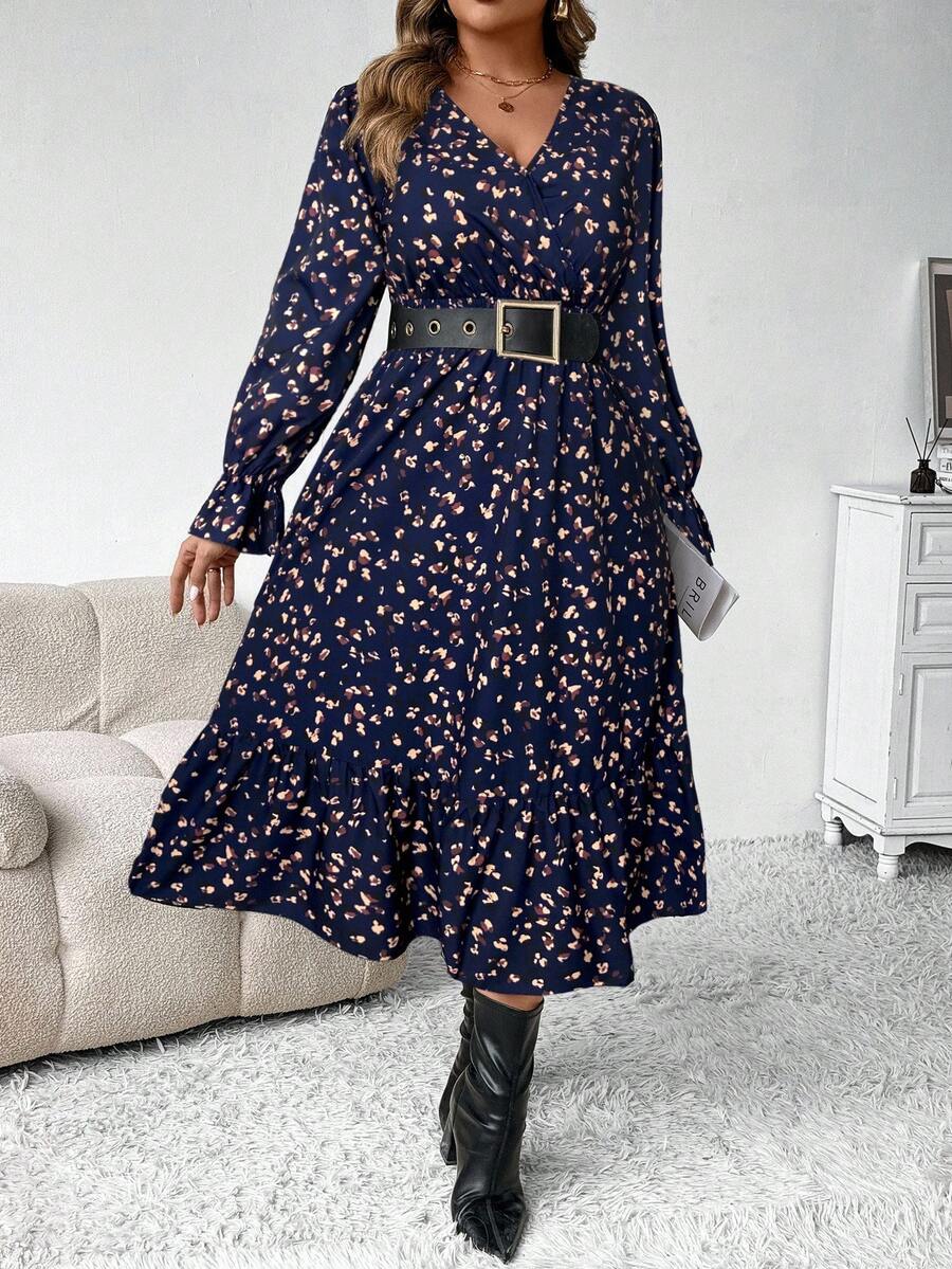 SHEIN Clasi 大码女式秋冬时尚休闲 V 领碎花长款束腰连衣裙，修身廓形长款女装 - 藏蓝色 - 查看 1