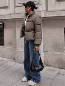 EURMUSE Short Padded Jacket In A Plain Design, Contrast Metal Colour Zipper - Mocha Brown - View 4