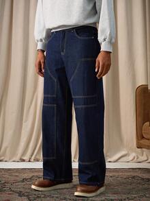 Manfinity Homme Men's Street Style Solid Color Casual Loose Wide-Leg Washed Denim Jeans Washed For Loose Wide Leg - Blue - View 1