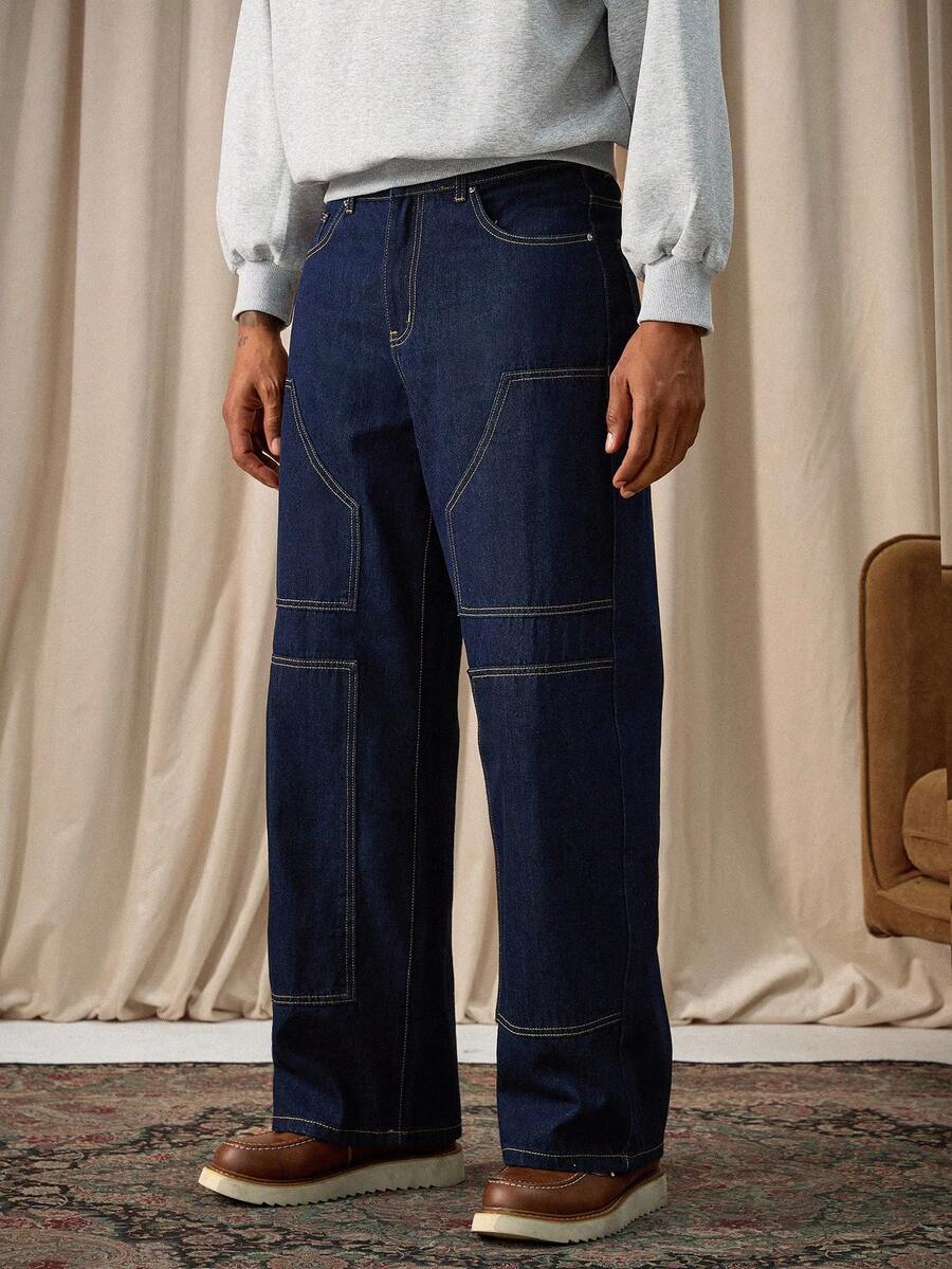 Manfinity Homme Men's Street Style Solid Color Casual Loose Wide-Leg Washed Denim Jeans Washed For Loose Wide Leg - Blue - View 1