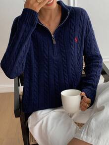 DAZY Áo len dệt kim dáng rộng thêu hình kỳ lân thời trang thu đông cho nữ, có khóa kéo nửa - Màu xanh hải quân - Xem 2