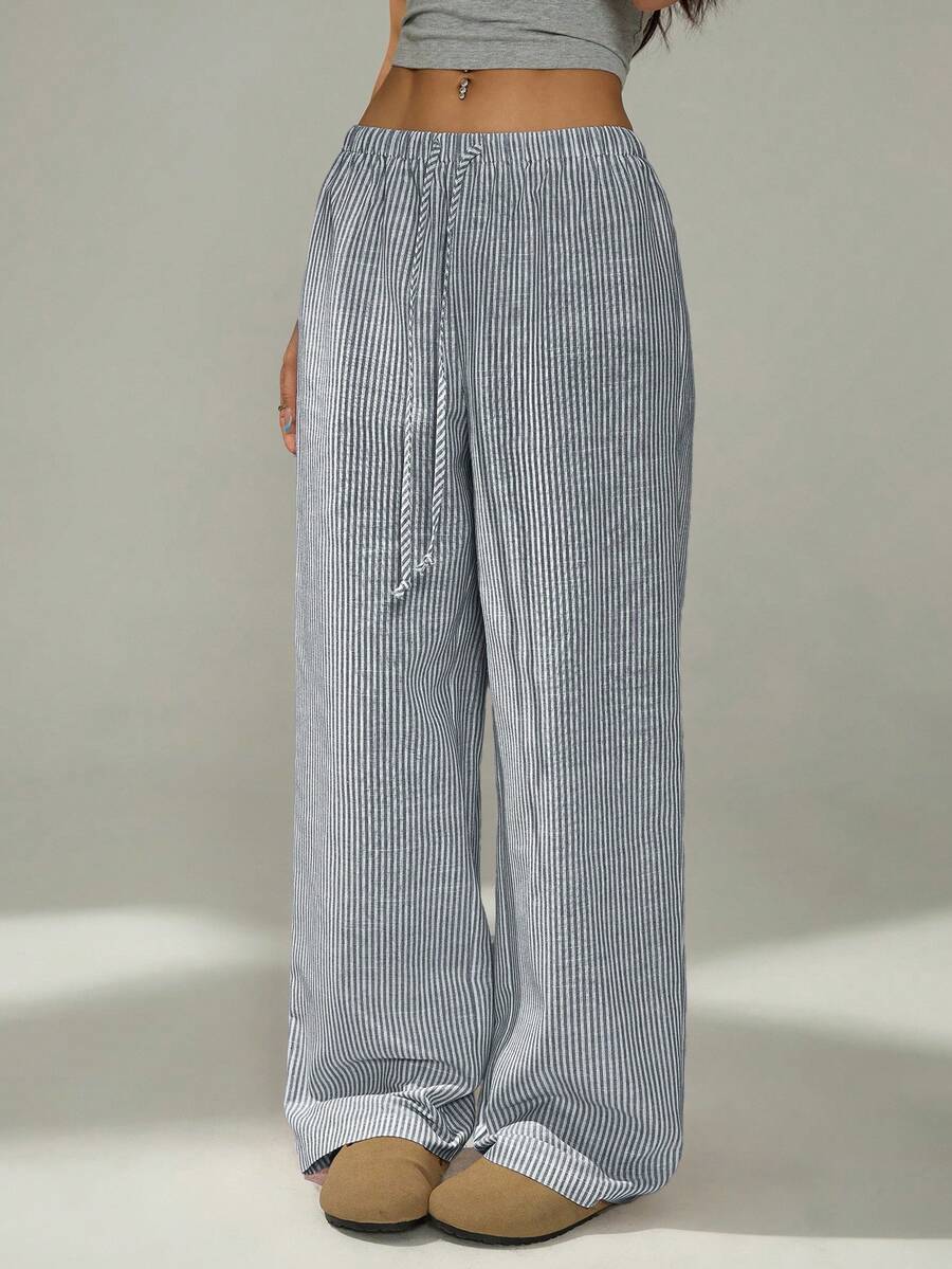 SHEIN PETITE Petite Ladies Pink And White Casual Home Striped Trousers Suitable For Spring And Summer,Fall