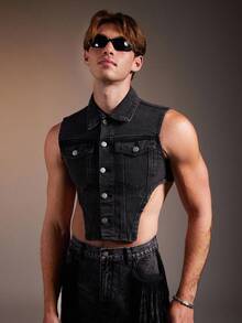 FeverCity Men's Fashionable Sexy Asymmetric Hem Sleeveless Denim Top, Summer