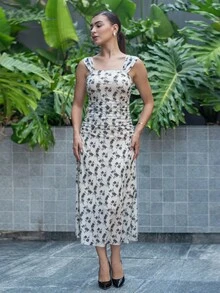 Andrea Bello Nuevo vestido elegante de mujer con cuello cuadrado, estampado floral, malla transparente, cintura en V, línea A, drapeado, ideal para citas, viajes, cintura ceñida, favorecedora figura