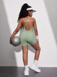 SHEIN Tween Girls Casual Fitted Sleeveless Hollow Back Sports Top - Green - View 1