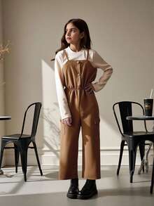 SHEIN 女大童素色T恤和側翻蓋口袋吊帶連體褲