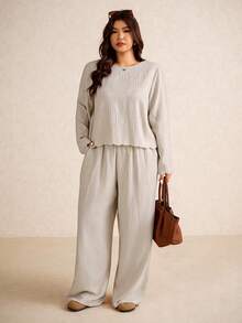 Elaquor Plus Size Solid Color Drawstring Shirt And Pants Set, Casual For Spring And Autumn - Apricot - View 2