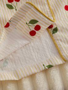 Girls Bubble Chiffon Yellow Striped Cherry Blossom Open Front Long Sleeve Top + Loose Yellow Striped Cherry Blossom Bubble Chiffon Pants, Comfortable Fall Winter