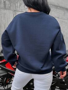 EURMUSE Sudadera con estampado de letra de hombros caídos - Azul Marino - Ver 2