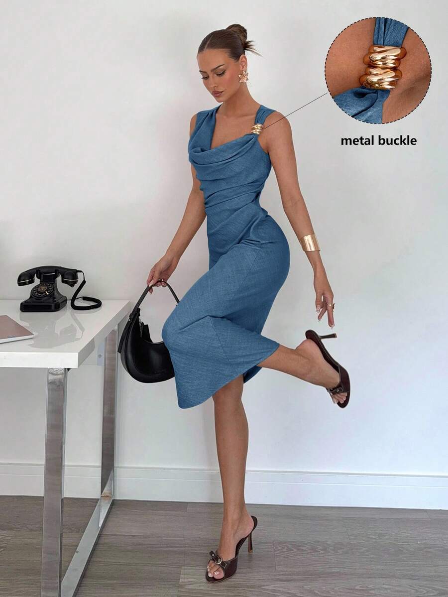 Siren Gaze Women's Casual Holiday Women's Dress, Elegant Asymmetric Design Metal Buckle Long Dress Women, Cocktail Party Dress Fall Dresses Dresses For Women Party Off The Shoulder Dress Summer Evening Dress - Medium Wash - View 1