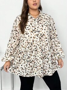 SHEIN CURVE+ 大码女士休闲灯笼袖印花衬衫，适合春秋冬/秋冬 - 彩色 - 查看 4