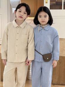 Genkimix Kids 女童灯芯绒衬衫和宽松长裤两件套，蓝色 - 藍色 - 查看 4