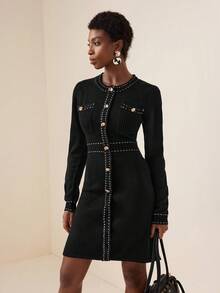 Lyxana Women's Autumn/Winter Elegant A-Line Single-Breasted Long Sleeve Knitted Dress Fall Cloth For Women - Black - View 5