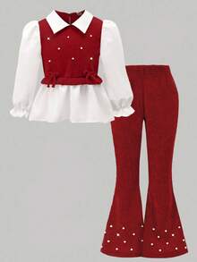 Elladie kids Girls' Casual Shirt Set, Khaki Bow Design, Beaded Knit Ribbed Fabric, White Long Sleeve Collared Ruffle Hem Blouse Top Paired With Khaki Pearl Flared Pants, 2pcs Set, Suitable For Back To School, Casual, Fashion, Sweet, Comfortable Outdoor Travel Outfit Fall Winter