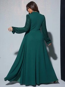 Viva Relle 大尺碼女款優雅華麗珠飾亮片長袖收腰流暢晚禮服，適合宴會、派對、婚禮賓客、新年 - 墨綠色 - 查看 2