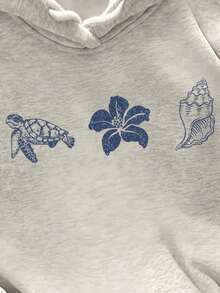 SHEIN Women's Casual Loose Fit Turtle Print Drop Shoulder Long Sleeve Hoodie Sweatshirt, Autumn, Christmas