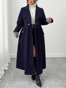 Elenzga Plus Size Women Elegant Jacquard Splice Navy Blue Long Sleeve Long Woolen Coat, Autumn/Winter Fall Cloth For Women - Navy Blue - View 6