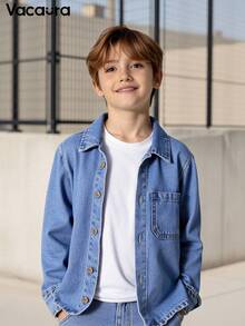 Young Boys' Casual Washed Plain Relaxed Denim Top, Autumn - Medium Wash - View 1