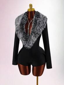 Amplova Bộ đồ liền thân tay dài cổ chữ V sâu phối cổ lông - màu đen - Xem 2