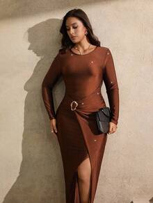 Juhart Đầm maxi dài tay ôm sát, cổ tròn màu nâu thanh lịch cỡ lớn dành cho nữ, thiết kế xẻ tà, nút kim loại, eo thắt chặt, tay dài, mùa xuân/thu - màu nâu - Xem 6