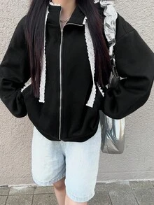 FRIFUL Women's Letter Print Lace Patchwork Black Hoodie Sweatshirt, Loose Fit Thick Thermal Lined Colorblock Jacket School - Black - View 1