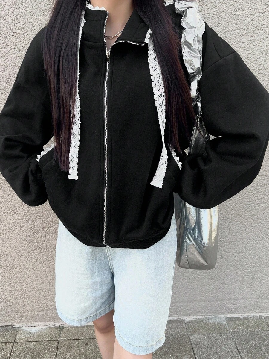 FRIFUL Women's Letter Print Lace Patchwork Black Hoodie Sweatshirt, Loose Fit Thick Thermal Lined Colorblock Jacket School - Black - View 1