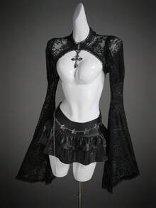 SHEIN ICON 女式哥特式蕾丝喇叭袖长下摆万圣节服装T恤 - 黑色 - 查看 3