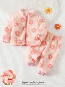 Cozy Pixies Baby Girl Floral Print Lapel Long Sleeve Cardigan And Elastic Waist Pants 2 Pieces Set Fall Winter - Multicolor - View 4