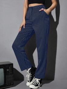 SHEIN Unity Casual Blue & White Striped Suit Pants, Suitable For Daily Commute - Royal Blue - View 1