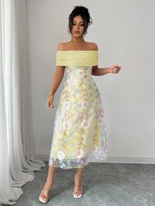 Modelyn Women's Mesh Patchwork Polyester Knit Embroidered Off Shoulder Ruffle Minimalist Sexy Summer Dress - Yellow - View 4