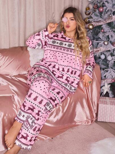 SweetSlumber Fairisle Deer & Snowflake Christmas Print Cute Ins Style Plus Size Long Sleeve Top & Pants Pajama Set, Holiday, Fall Winter Clothes, Cozy Outfit