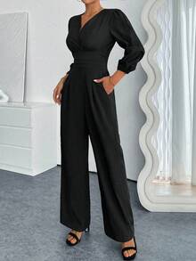 Pariaura Women's Casual & Commuter Shirred Pleated Jumpsuit, Solid Color, Slim Fit, Wide Leg, Spring/Autumn - Black - View 4
