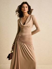 Poéselle 女式纯色低胸长袖抽绳优雅连衣裙 - 棕色 - 查看 5