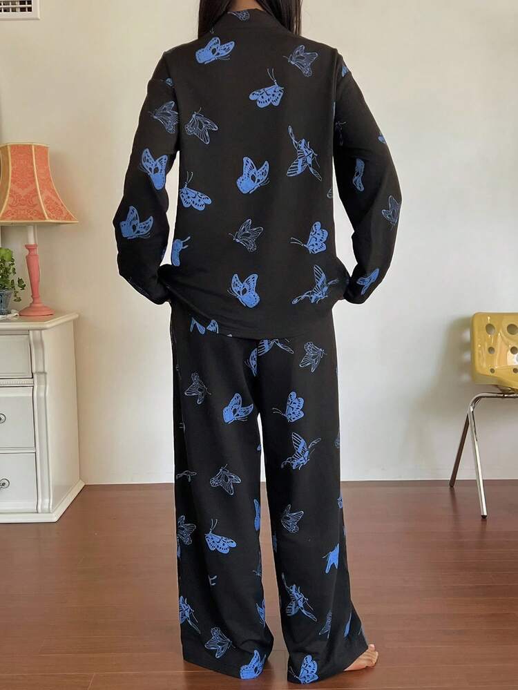 Women Butterfly Print Pajama Set, Fall Clothes