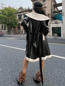 DAZY 女士毛绒领中长款PU皮夹克，带腰部收紧带和保暖内衬，冬季女式外套 - 黑色 - 查看 5