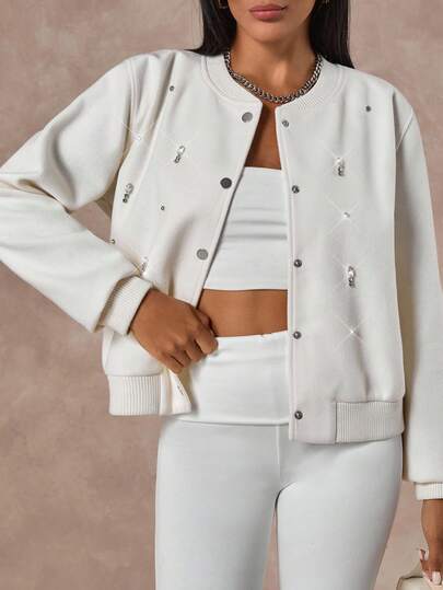 EURMUSE Elegant Commuter Jacket With Crystal Decoration, Autumn Cream Two Piece Set Womens 2 Piece Outfit Cropped Jacket Brunch 2 Piece Set