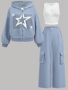Girlism 少女星形图案银蓝色连帽运动衫和工装裤运动套装，百搭 - 藍色 - 查看 14