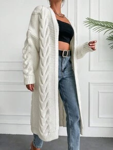 EURMUSE 麻花編織落肩袖開門襟開襟衫 - 白色 - 查看 5