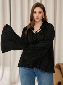 Auralis Tricou negru cu mânecă lungă, mărime plus, costum drăguț de toamnă, cămașă cu tivită din corn, costum negru de Halloween, costum elegant de doamnă, top pentru naveta zilnică, bluză drăguță de toamnă - Negru - Vizualizare 6