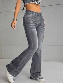 Women's Casual Fashion Commuter Washed Flare Jeans - Grey - View 5