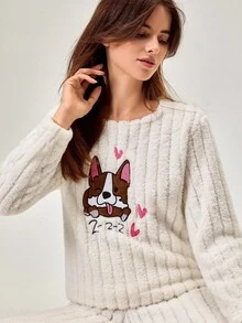 Loomlin Women 2 Pcs Fuzzy Teddy Bear Fabric With Cute Dog Embroidery Detail Long Sleeve Shirt&Pants Homewear Pajama Set For Ladies Warm Pajama Sets For Women Fluffy Pajama Sets For Women Women's Pajama Sets Winter Winter Pajama Sets For Women Soft Pajama Sets For Women - White - View 5