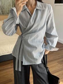 Livesso Women's Autumn Oblique Collar Tie-Up Striped Casual Shirt Long Sleeve Top